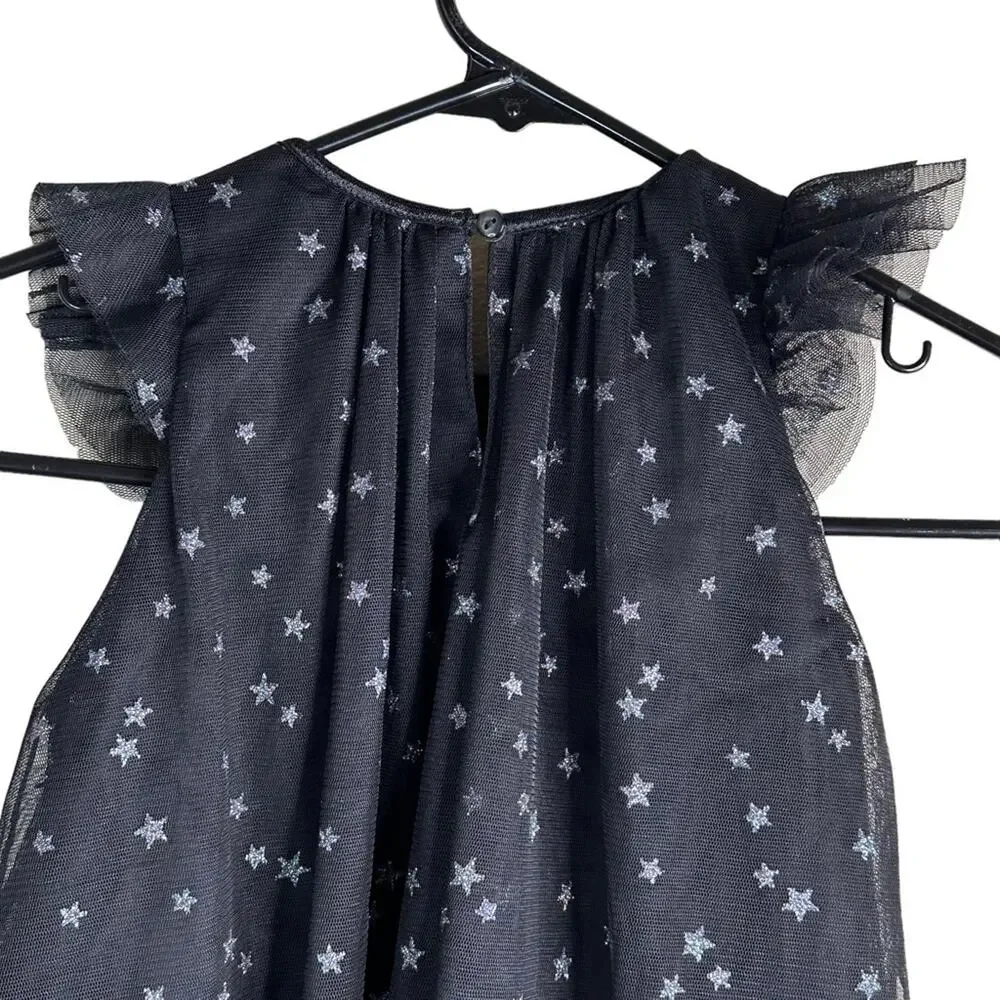 H&M Tulle Midi Dress Silver Star Print Ruffle Shoulders A-Line Lined Black 3-4Y